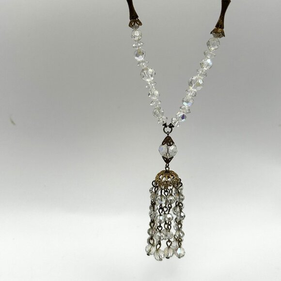 Vintage Aurora Borealis Crystal Tassel Necklace 26” Filigree Midcentury Cocktail - Picture 1 of 16
